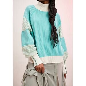 WE THE FREE PEOPLE Get Cozy Swit Turquoise Thermal Waffle Knit Pullover Top XS